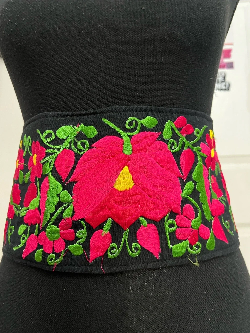 Embroidered Floral Waist Belt in Black with Pink & Green